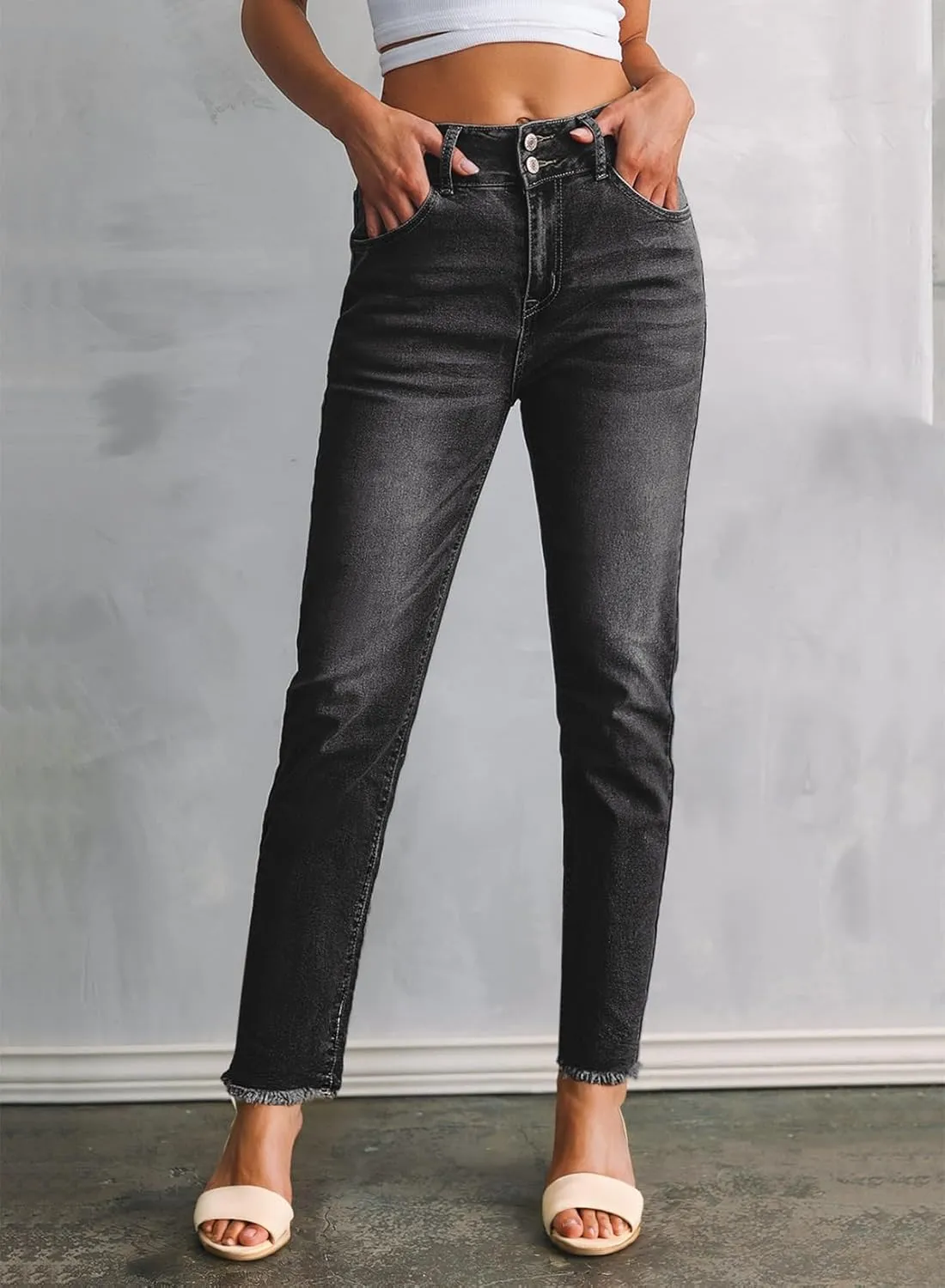 Sidefeel Women's High Waisted Jeans Strechy Spring Fashion Raw Hem Straight Leg Ankle Denim Pants with Pockets
