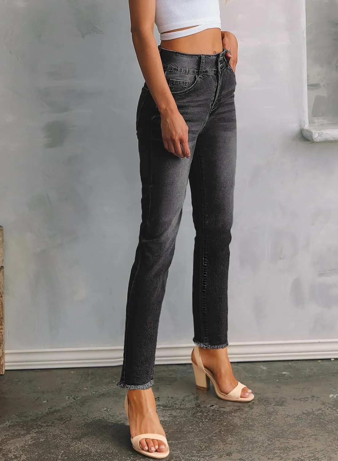 Sidefeel Women's High Waisted Jeans Strechy Spring Fashion Raw Hem Straight Leg Ankle Denim Pants with Pockets