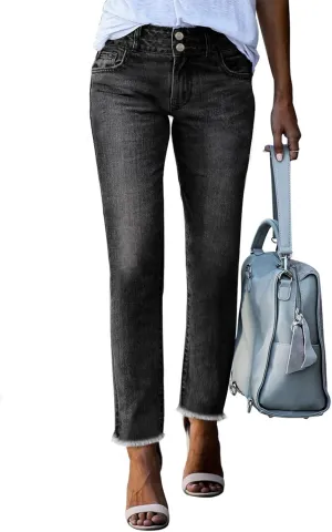 Sidefeel Women's High Waisted Jeans Strechy Spring Fashion Raw Hem Straight Leg Ankle Denim Pants with Pockets