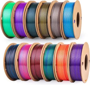 Silk 12 Assorted Multiple Colors PLA  3D Printer Filament 1.75mm, 6 Tricolors and 6 Dual Colors, 12 Packs PLA Pro Plus No Tangle, Net Weight 250g Spool, in Total 3KG Material