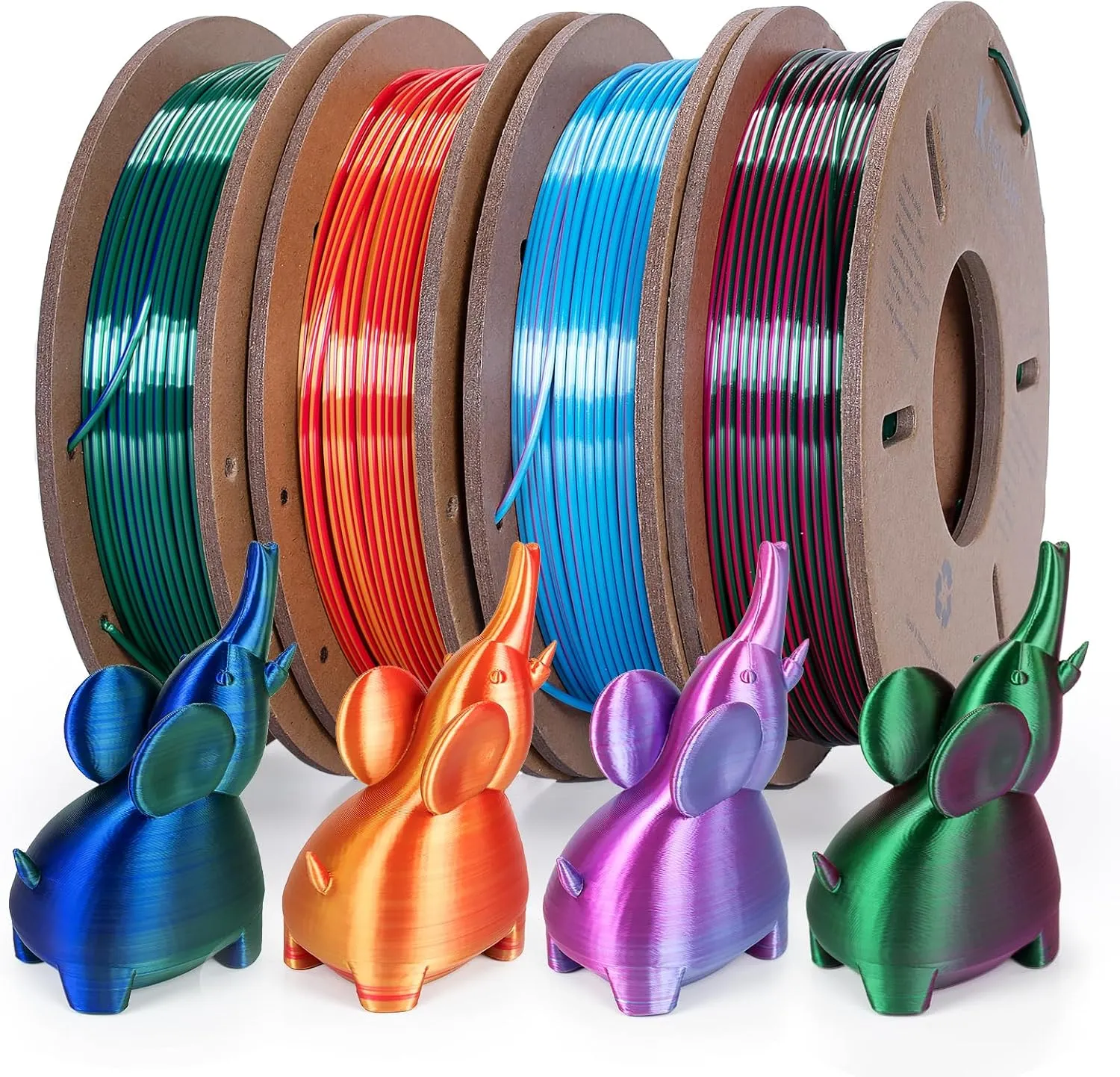 Silk Dual Color 3D Printer Filament Bundle, 1.75 mm Color Changing PLA Bundle, 4 Spools 250g Each (Rose & Blue, Red & Gold, Violet & Green, Blue & Green)