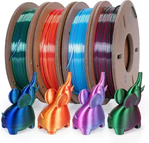 Silk Dual Color 3D Printer Filament Bundle, 1.75 mm Color Changing PLA Bundle, 4 Spools 250g Each (Rose & Blue, Red & Gold, Violet & Green, Blue & Green)