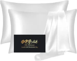 Silk Pillow Cases 2 Pack, Mulberry Silk Pillowcases Standard Set of 2, Health, Smooth, Anti Acne, Beauty Sleep, Both Sides Natural Silk Satin Pillow Cases for Women 2 Pack with Zipper for Gift,White
