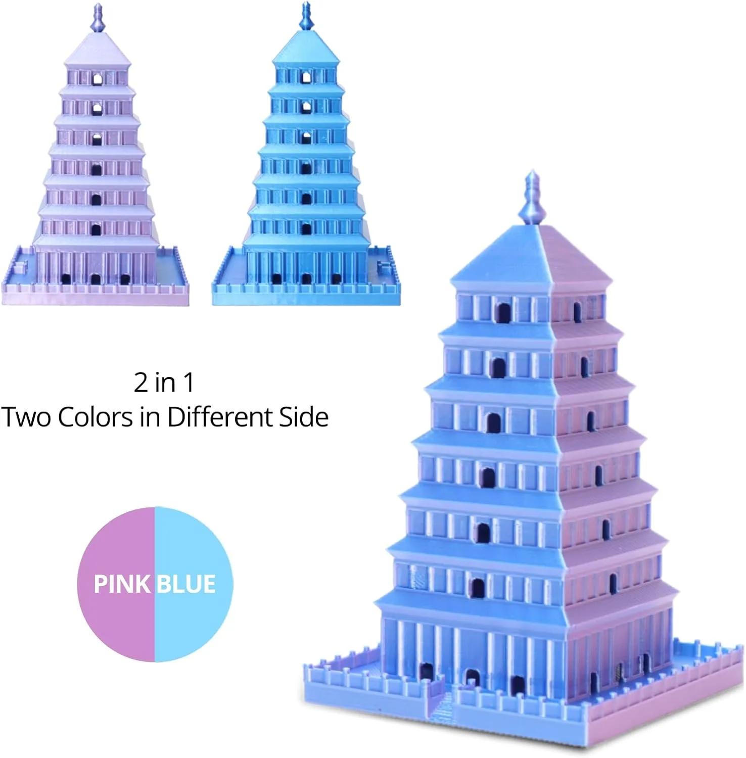 Silk PLA 3D Printer Filament, Silky Dual Color PLA 1.75mm, Shiny Double Color Silk Texture, Dimensional Accuracy  /-0.02mm, Silk-Like PLA  Easy to Use for Most FDM 3D Printers, 1kg Pink Blue