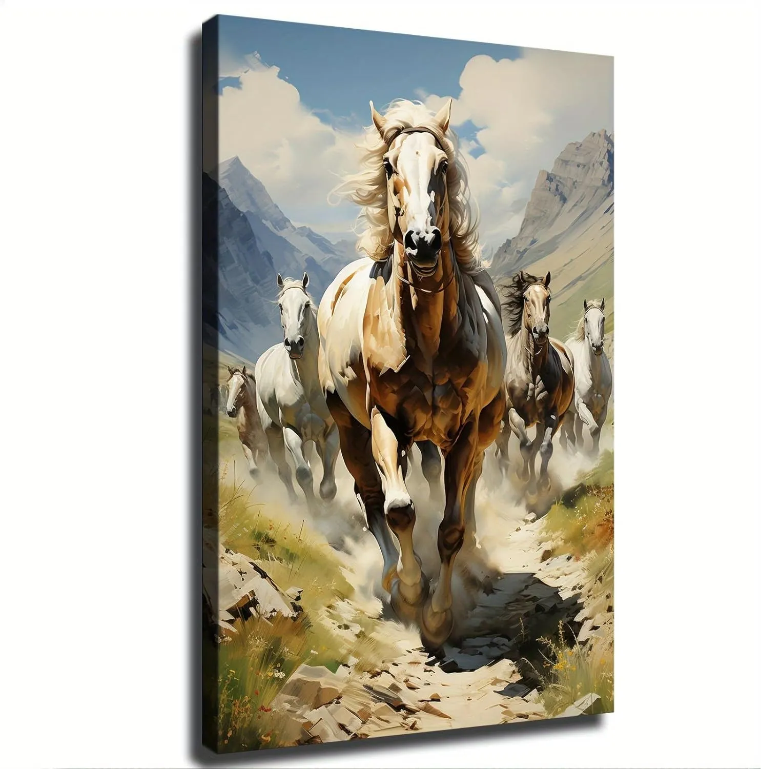 Silk Road Qilian Mountains Grassland Running Horses Canvas Art Poster Wall Art Print Modern Unique Family Bedroom Living Room Decor (20x30inch Unframed)