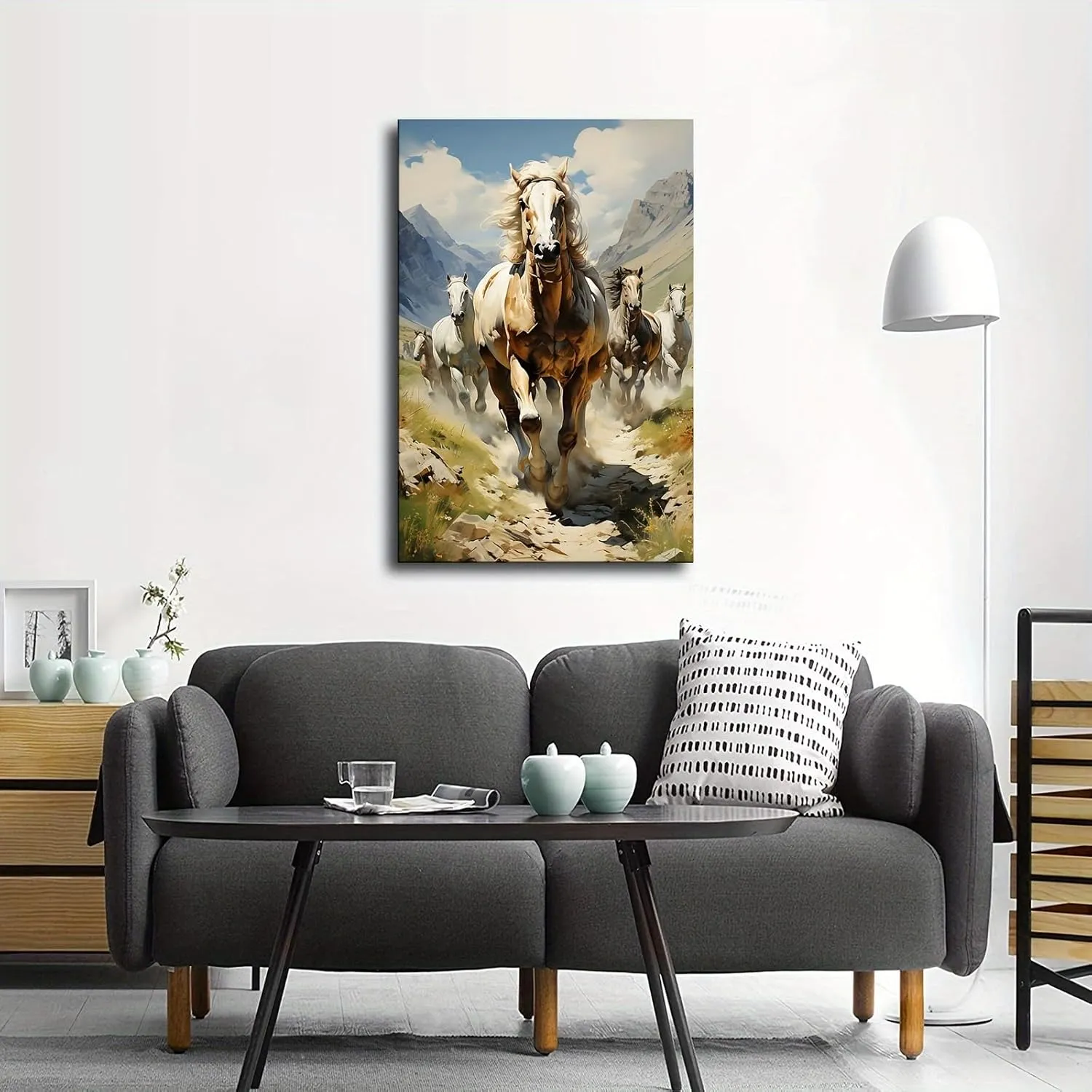 Silk Road Qilian Mountains Grassland Running Horses Canvas Art Poster Wall Art Print Modern Unique Family Bedroom Living Room Decor (20x30inch Unframed)