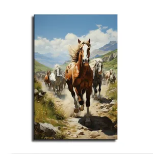 Silk Road Qilian Mountains Grassland Running Horses Poster Canvas Wall Art Home Wall Decor Bedroom Aesthetic Art Prints Posters Decorations Gift (Framed,24x36inch)