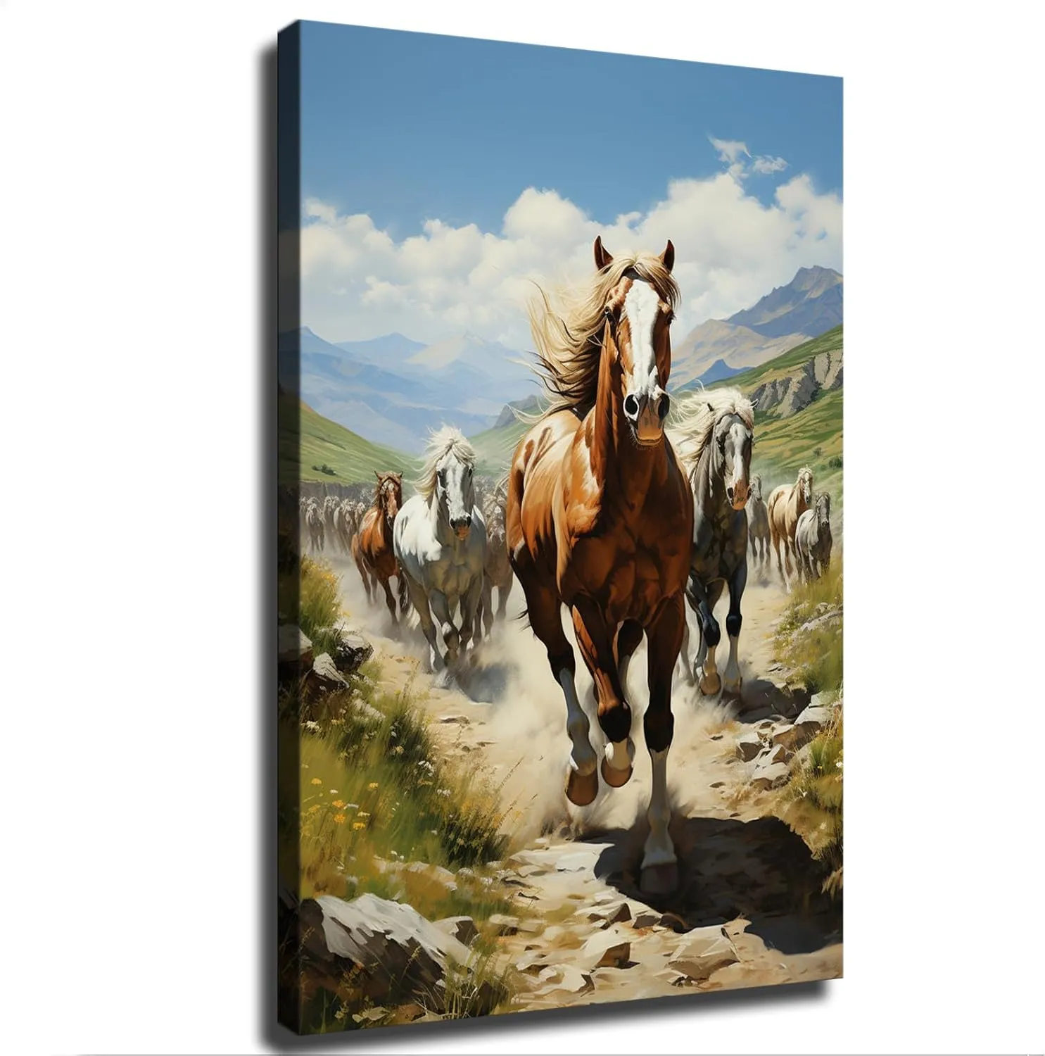 Silk Road Qilian Mountains Grassland Running Horses Poster Canvas Wall Art Home Wall Decor Bedroom Aesthetic Art Prints Posters Decorations Gift (Framed,24x36inch)