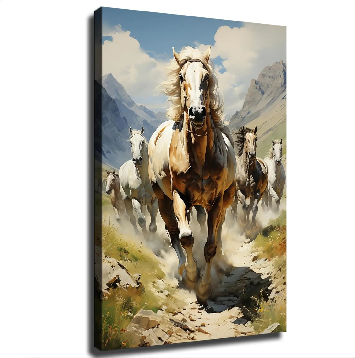 Silk Road Qilian Mountains Grassland Running Horses Poster Canvas Wall Art Home Wall Decor Bedroom Aesthetic Art Prints Posters Decorations Gift (Framed,24x36inch)