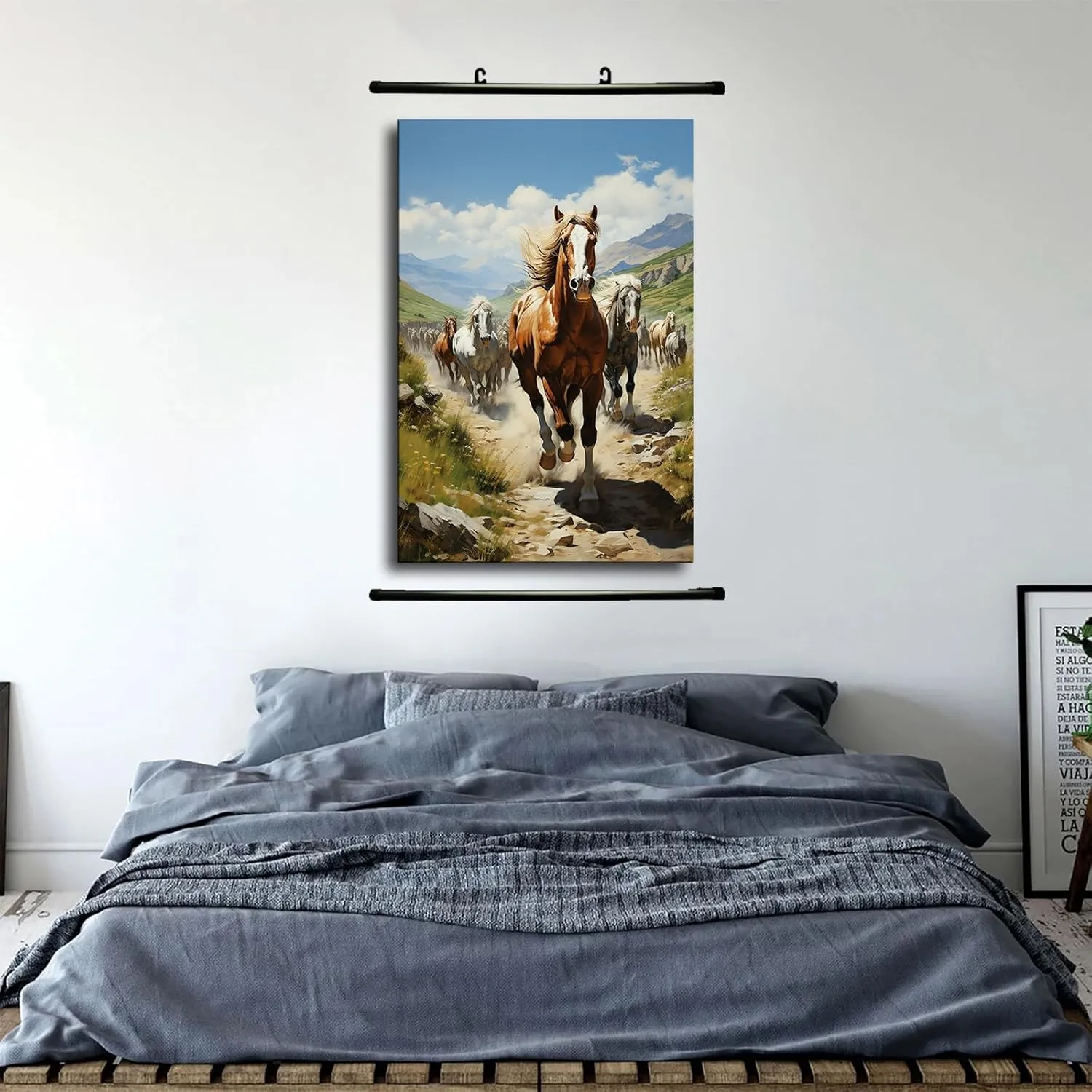 Silk Road Qilian Mountains Grassland Running Horses Poster Canvas Wall Art Home Wall Decor Bedroom Aesthetic Art Prints Posters Decorations Gift (Framed,24x36inch)