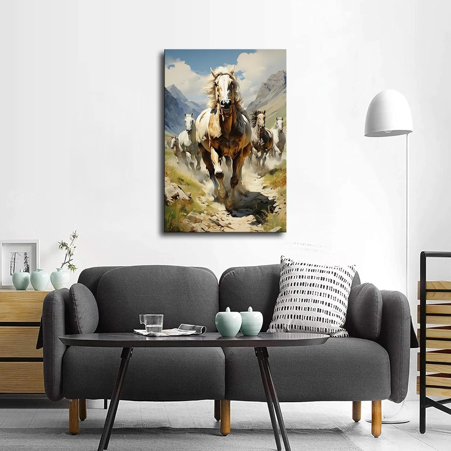 Silk Road Qilian Mountains Grassland Running Horses Poster Canvas Wall Art Home Wall Decor Bedroom Aesthetic Art Prints Posters Decorations Gift (Framed,24x36inch)