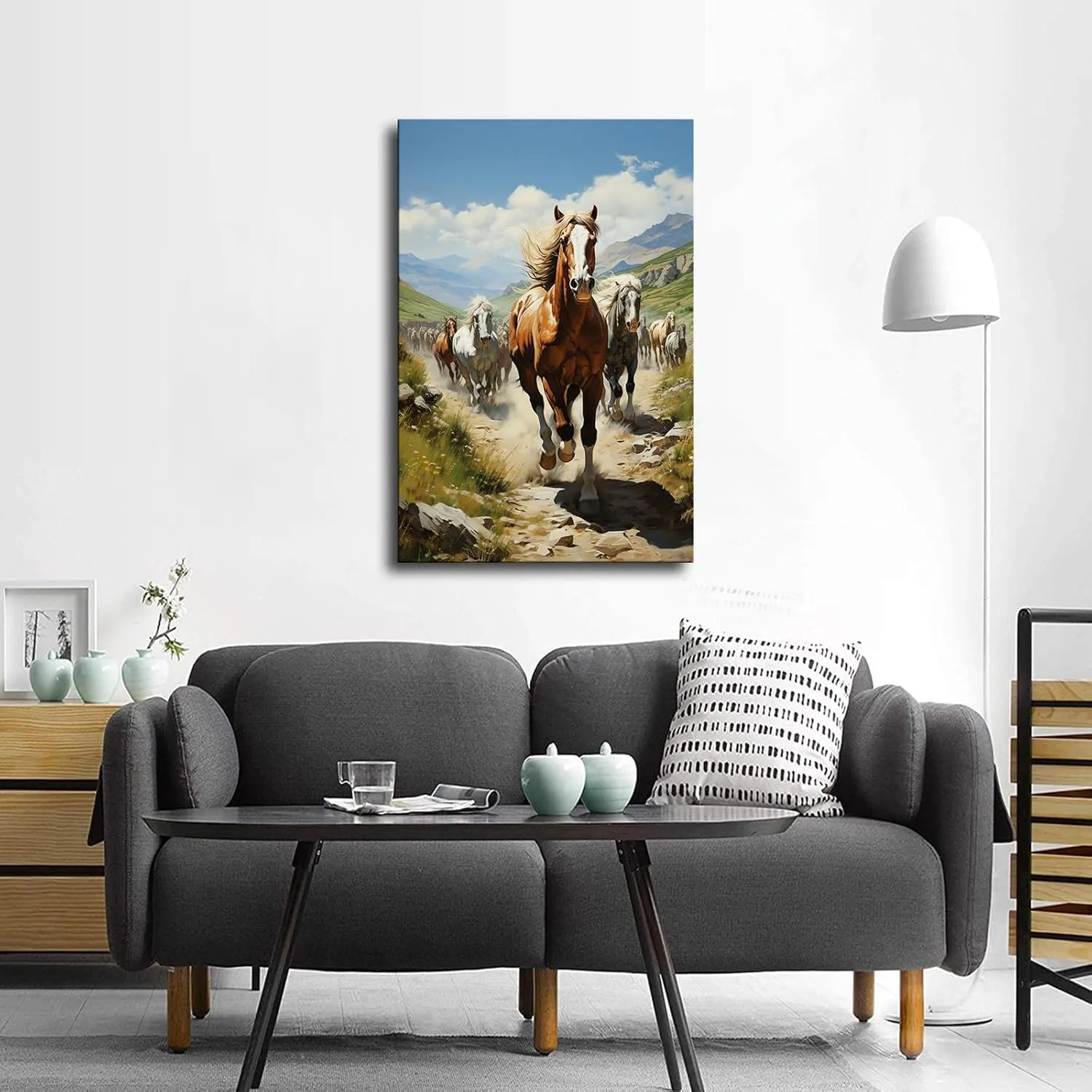 Silk Road Qilian Mountains Grassland Running Horses Poster Canvas Wall Art Home Wall Decor Bedroom Aesthetic Art Prints Posters Decorations Gift (Framed,24x36inch)