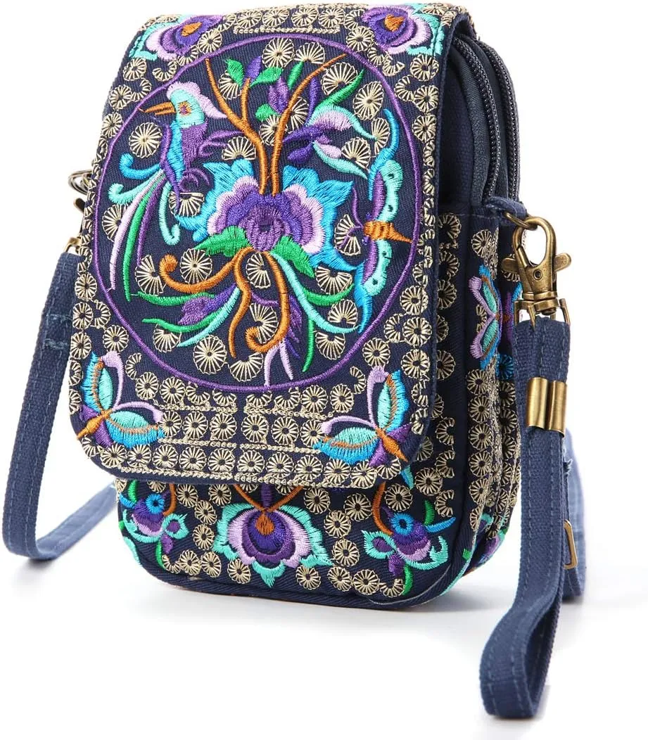 SILKAREA Embroidered Cute Mini Crossbody Bag for Women Small Handbags Wristlet Wallet Bag Cell-phone Pouch Coin Purse