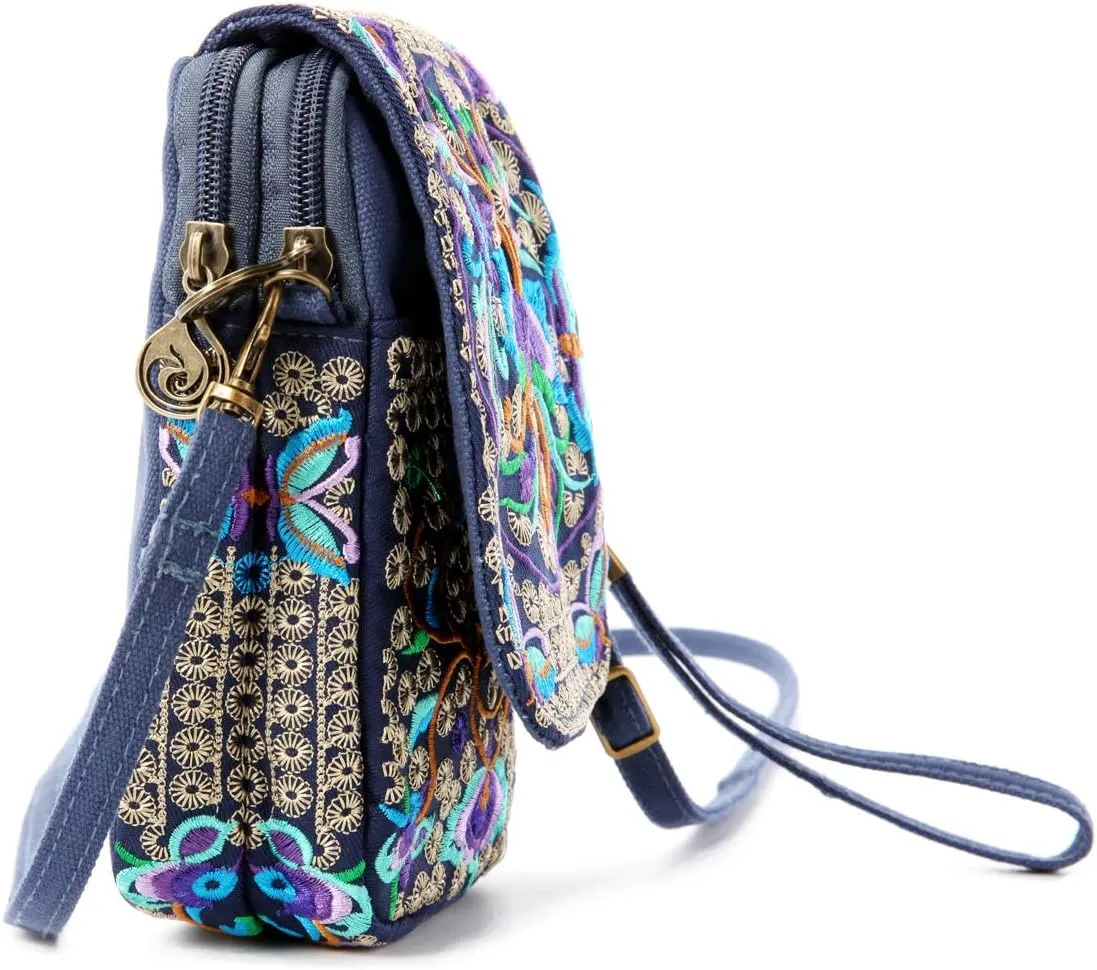 SILKAREA Embroidered Cute Mini Crossbody Bag for Women Small Handbags Wristlet Wallet Bag Cell-phone Pouch Coin Purse