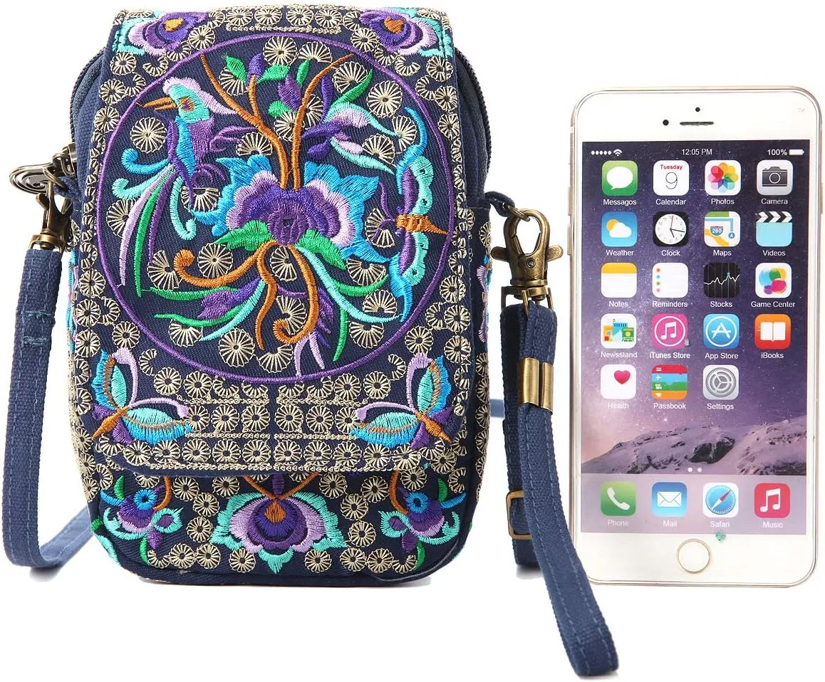 SILKAREA Embroidered Cute Mini Crossbody Bag for Women Small Handbags Wristlet Wallet Bag Cell-phone Pouch Coin Purse