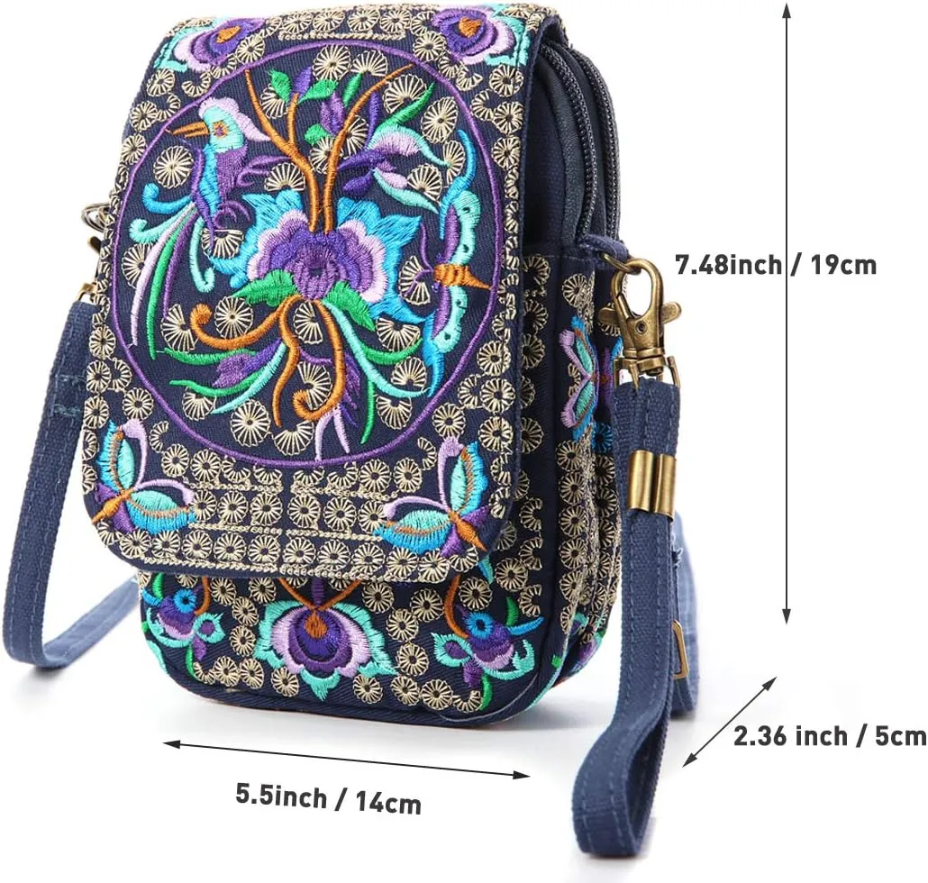 SILKAREA Embroidered Cute Mini Crossbody Bag for Women Small Handbags Wristlet Wallet Bag Cell-phone Pouch Coin Purse