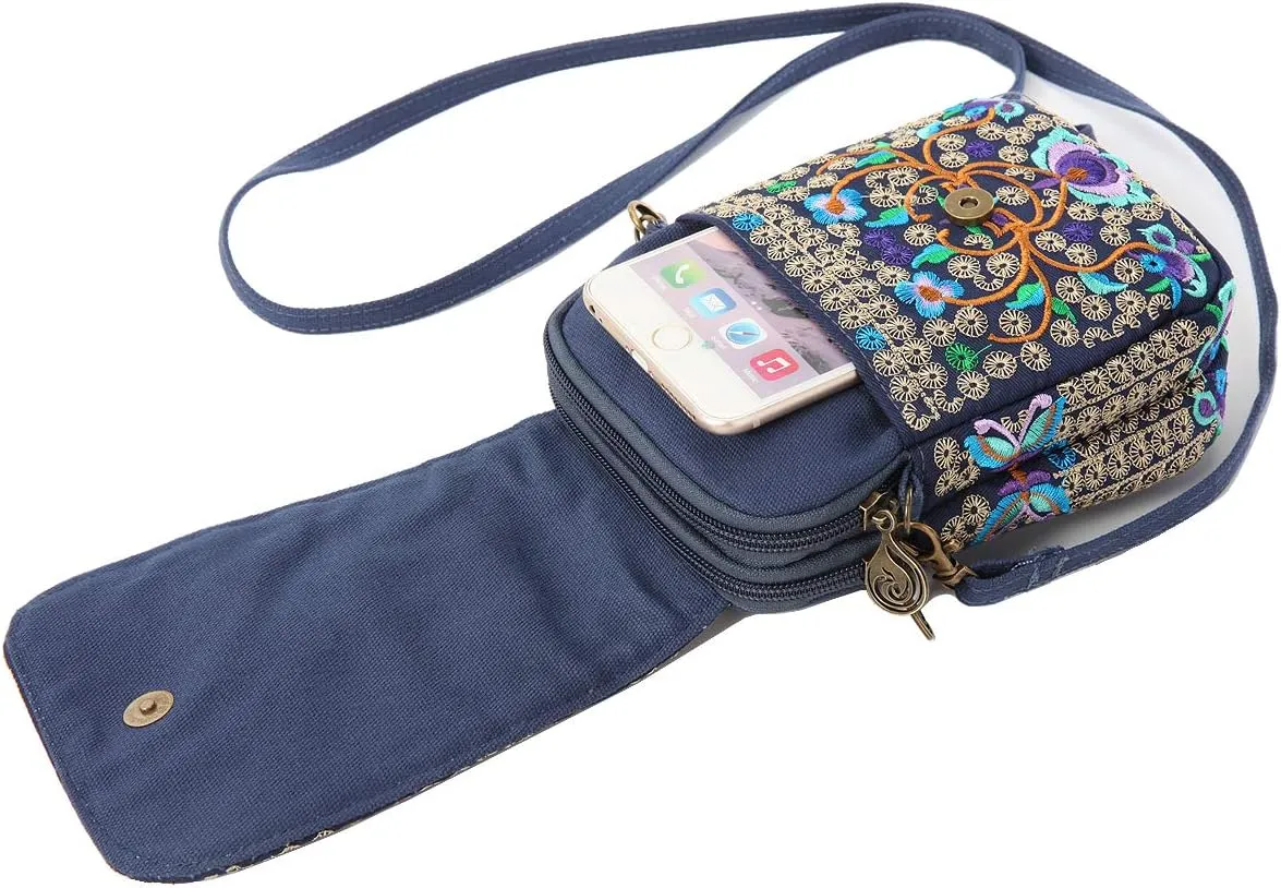 SILKAREA Embroidered Cute Mini Crossbody Bag for Women Small Handbags Wristlet Wallet Bag Cell-phone Pouch Coin Purse
