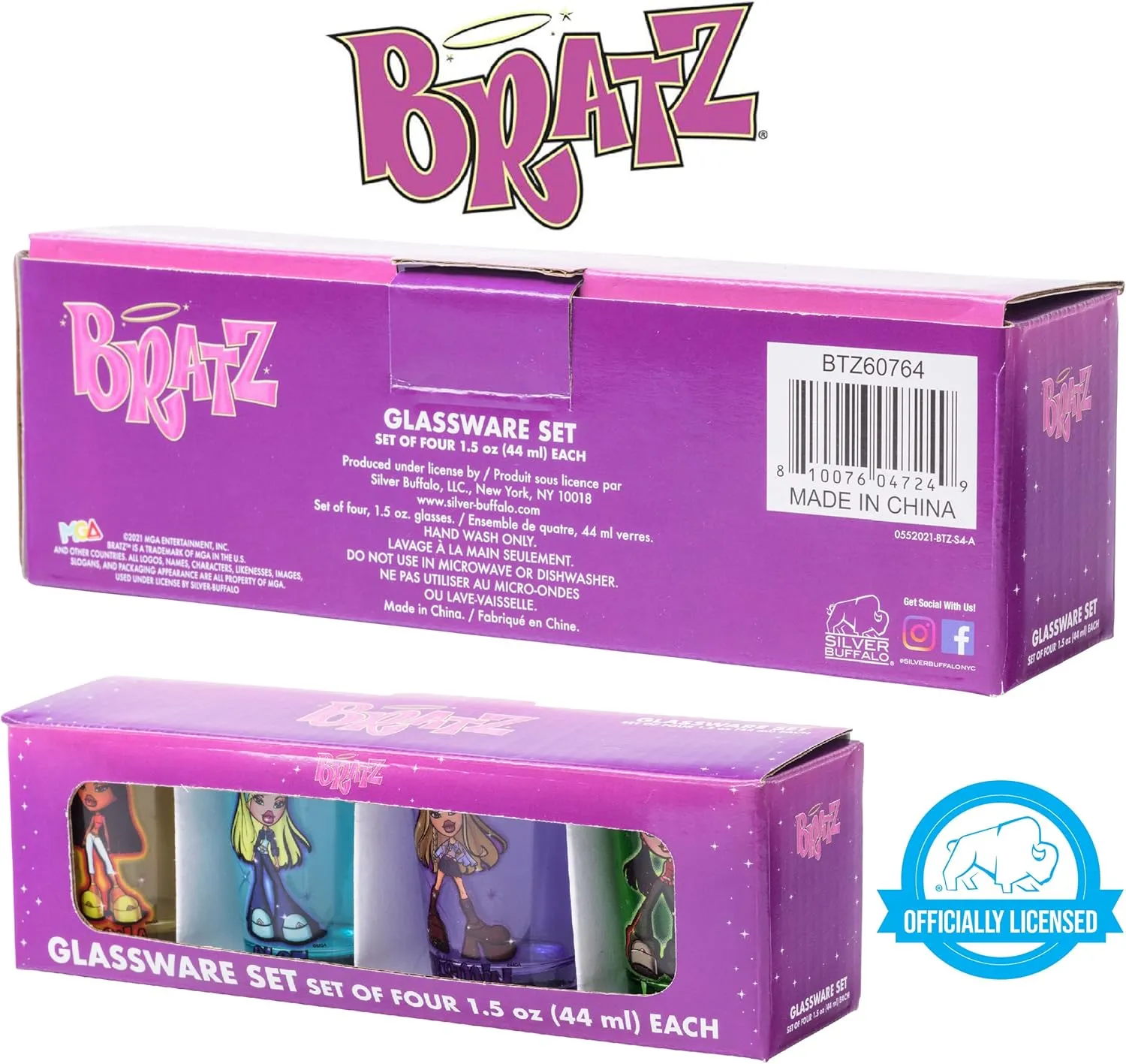 Silver Buffalo Bratz Sparkle Featuring Sasha, Cloe, Jasmin, and Jade 4 Pack Mini Glasses, 1.5 Ounces
