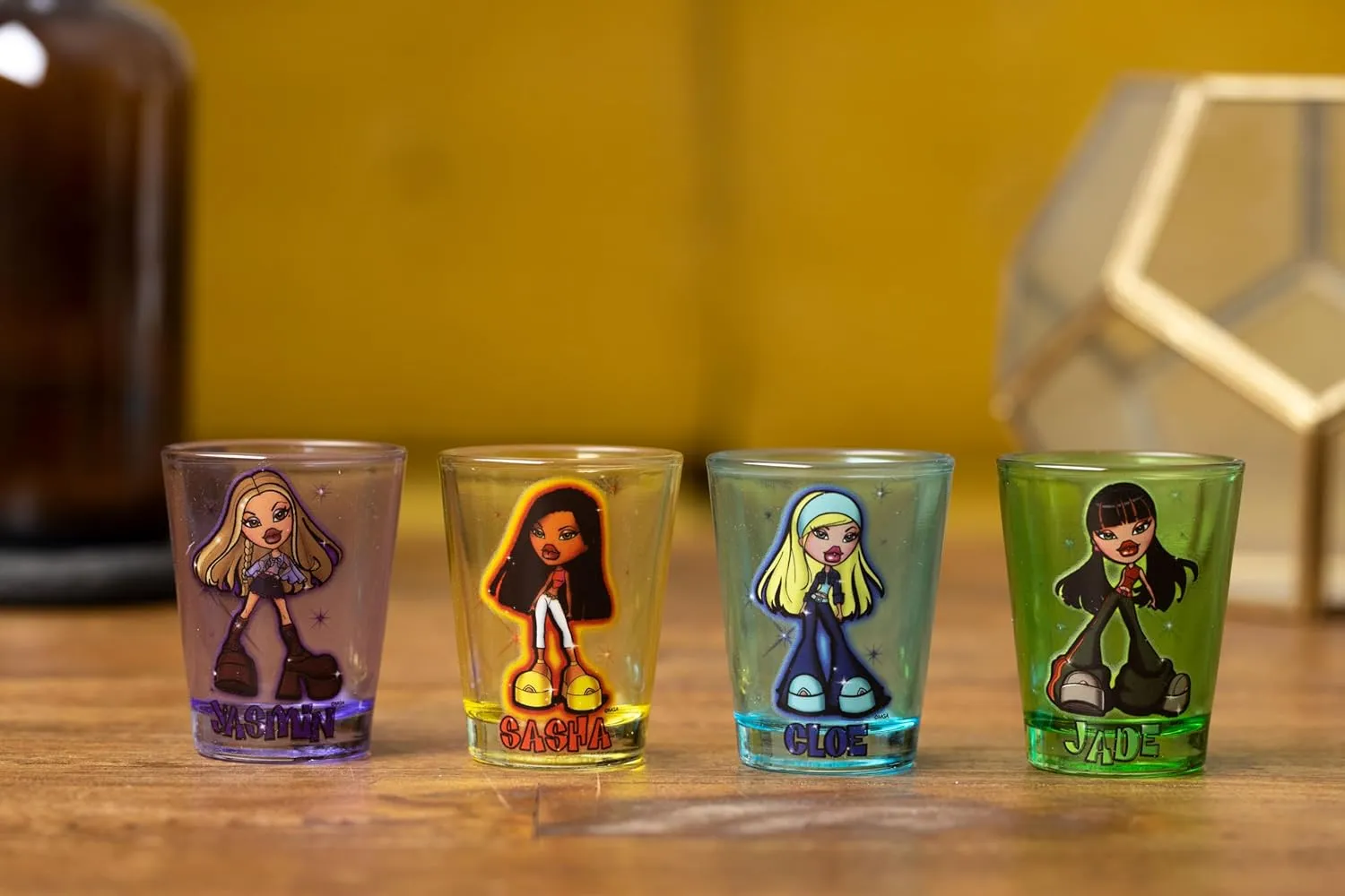 Silver Buffalo Bratz Sparkle Featuring Sasha, Cloe, Jasmin, and Jade 4 Pack Mini Glasses, 1.5 Ounces