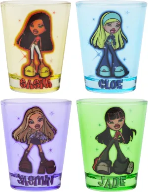 Silver Buffalo Bratz Sparkle Featuring Sasha, Cloe, Jasmin, and Jade 4 Pack Mini Glasses, 1.5 Ounces