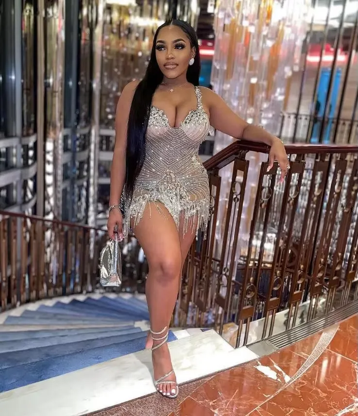 Silver Diamond Mini Cocktail Evening Dresses for Women 2024 Sparkly Luxury Crystal Tassel Black Girl Birthday Gala Prom Gown