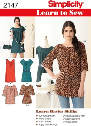 Simplicity Learn To Sew Tunic, Mini Dress, and Belt Sewing Pattern For Women, Sizes 6-18