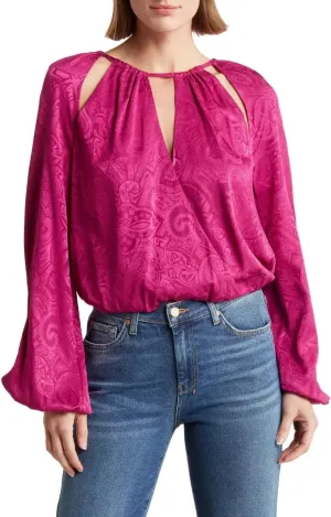 Sionne Paisley Puff Sleeve Silk Blend Top Size 4 Bright Magenta