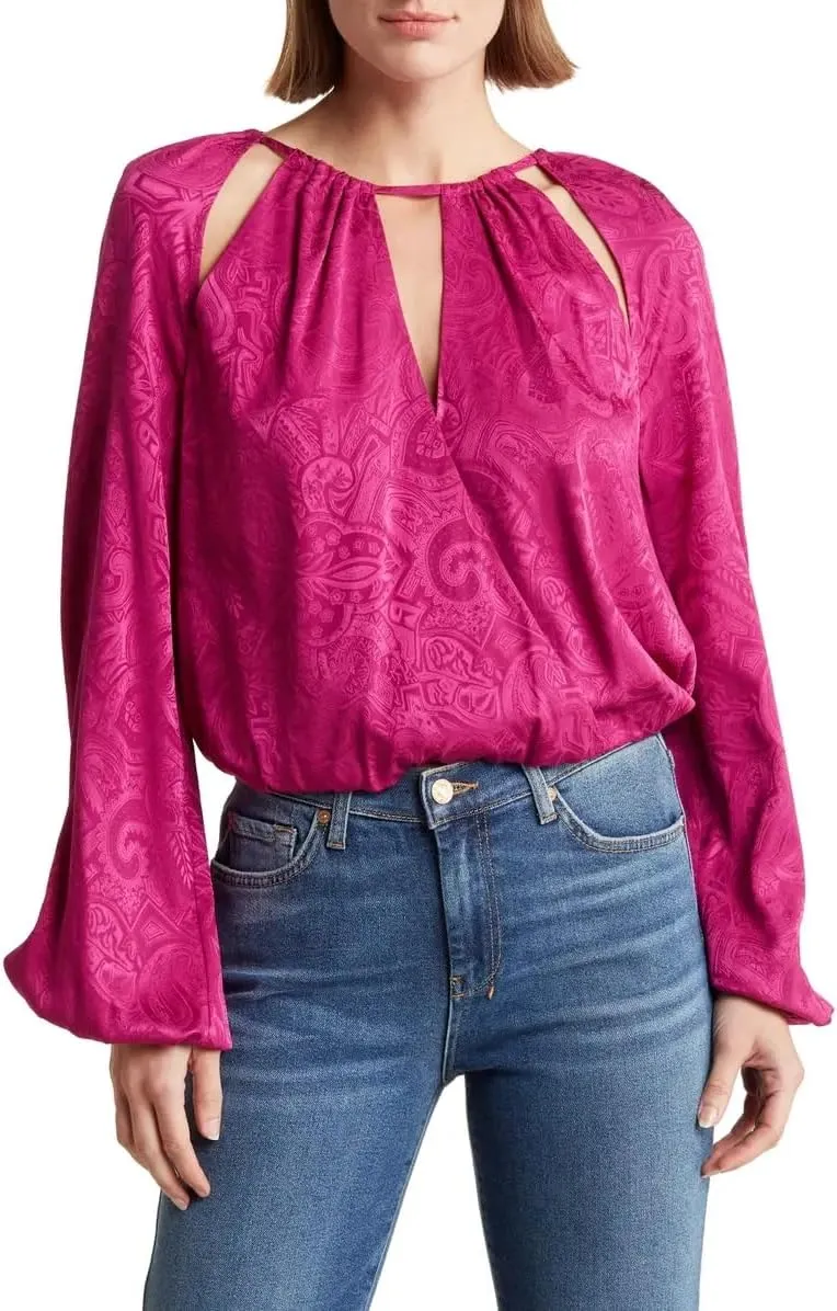Sionne Paisley Puff Sleeve Silk Blend Top Size 4 Bright Magenta