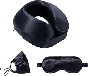 SLIP Silk Frequent Flyer Travel Set - Black - Includes 1 x Silk Travel Neck Pillow, 1 x Face Covering, 1 x Sleep Mask (3 Count)