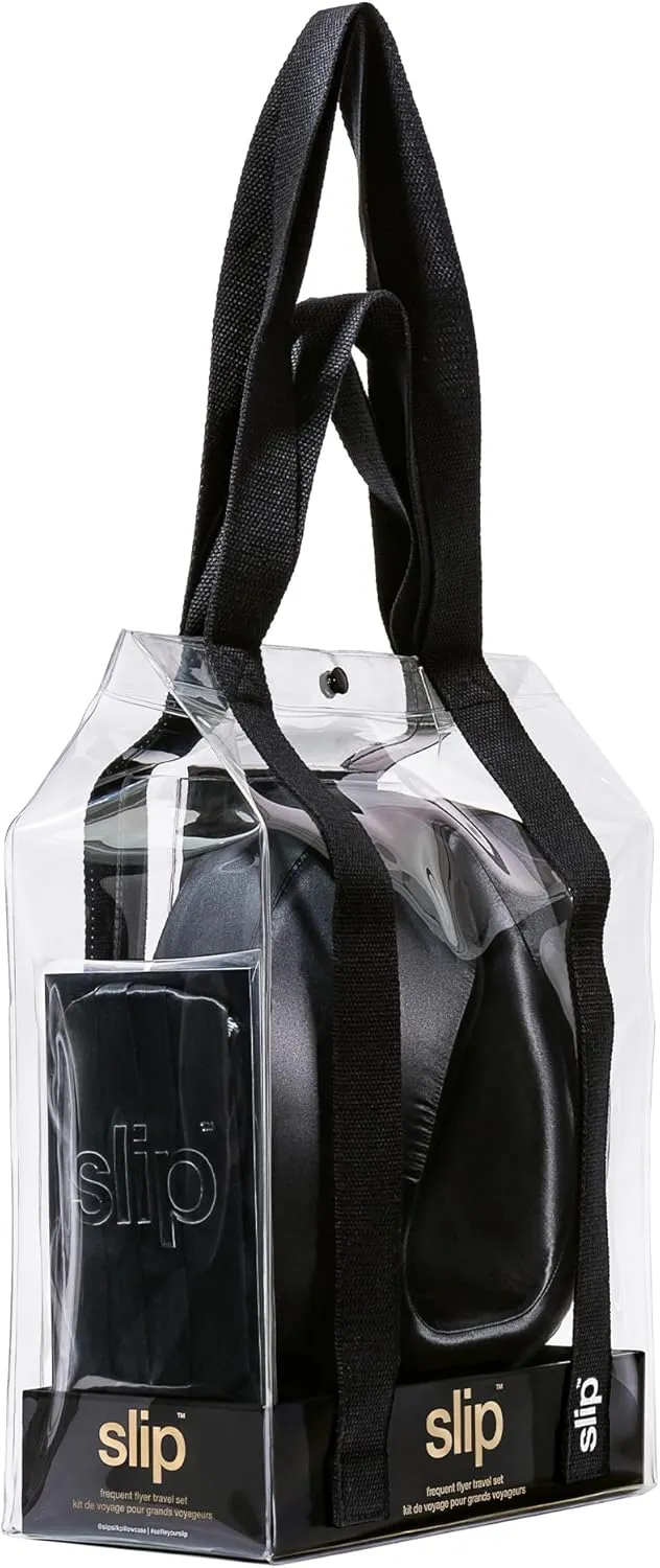 SLIP Silk Frequent Flyer Travel Set - Black - Includes 1 x Silk Travel Neck Pillow, 1 x Face Covering, 1 x Sleep Mask (3 Count)