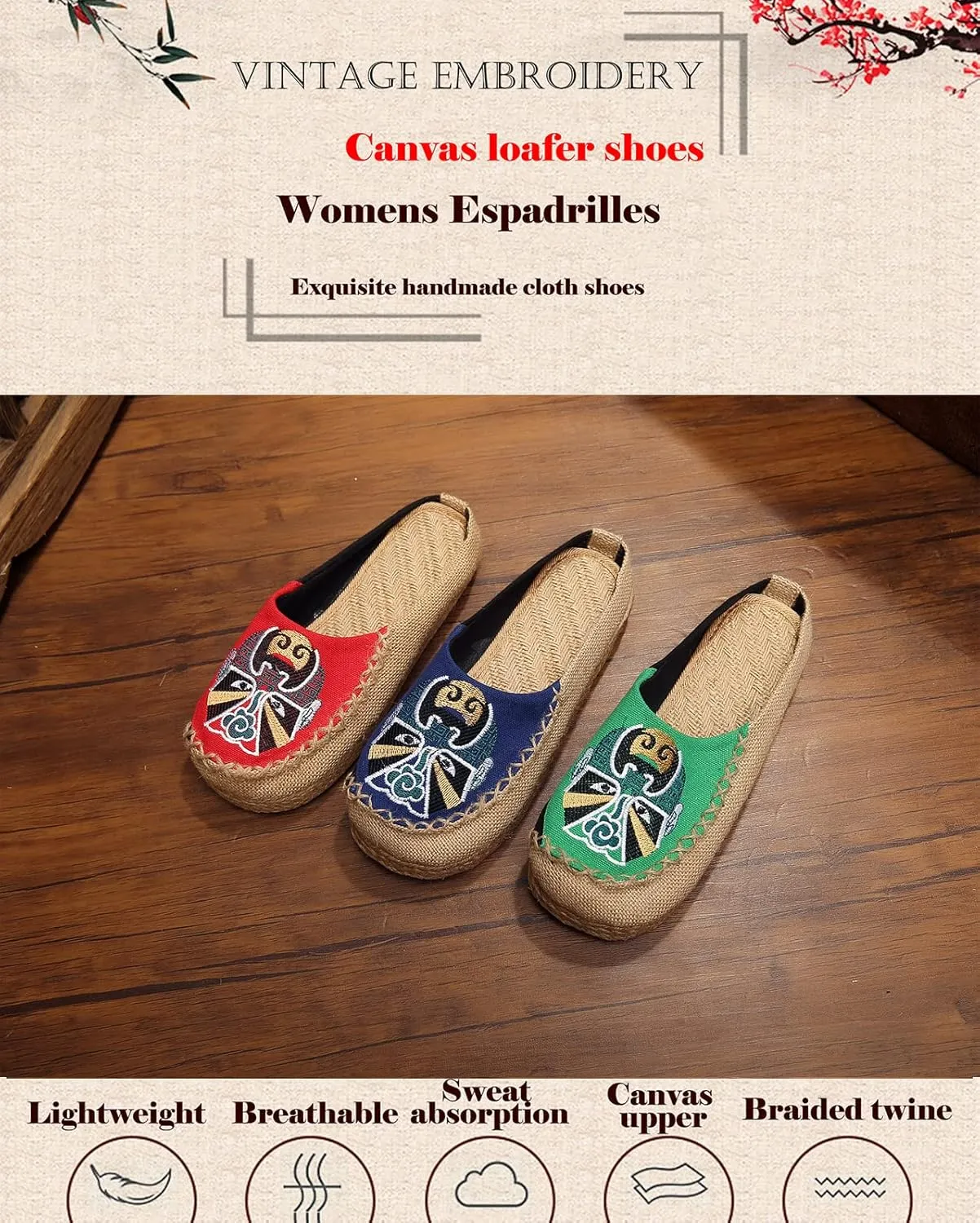 Slippers for Women Flats Breathable Canvas Espadrilles Loafers & slip-ons Embroidered Shoes Casual House Slippers