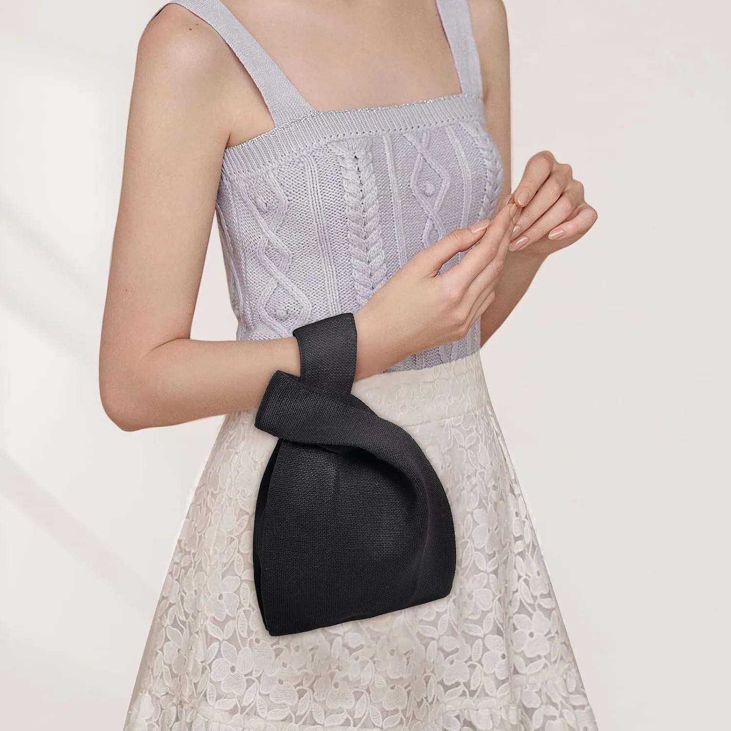 Small Crochet Knit Tote Wrist Bag, Portable Knot Sleeve Handle Bag Cute Wristlet Pouch Purse for Women