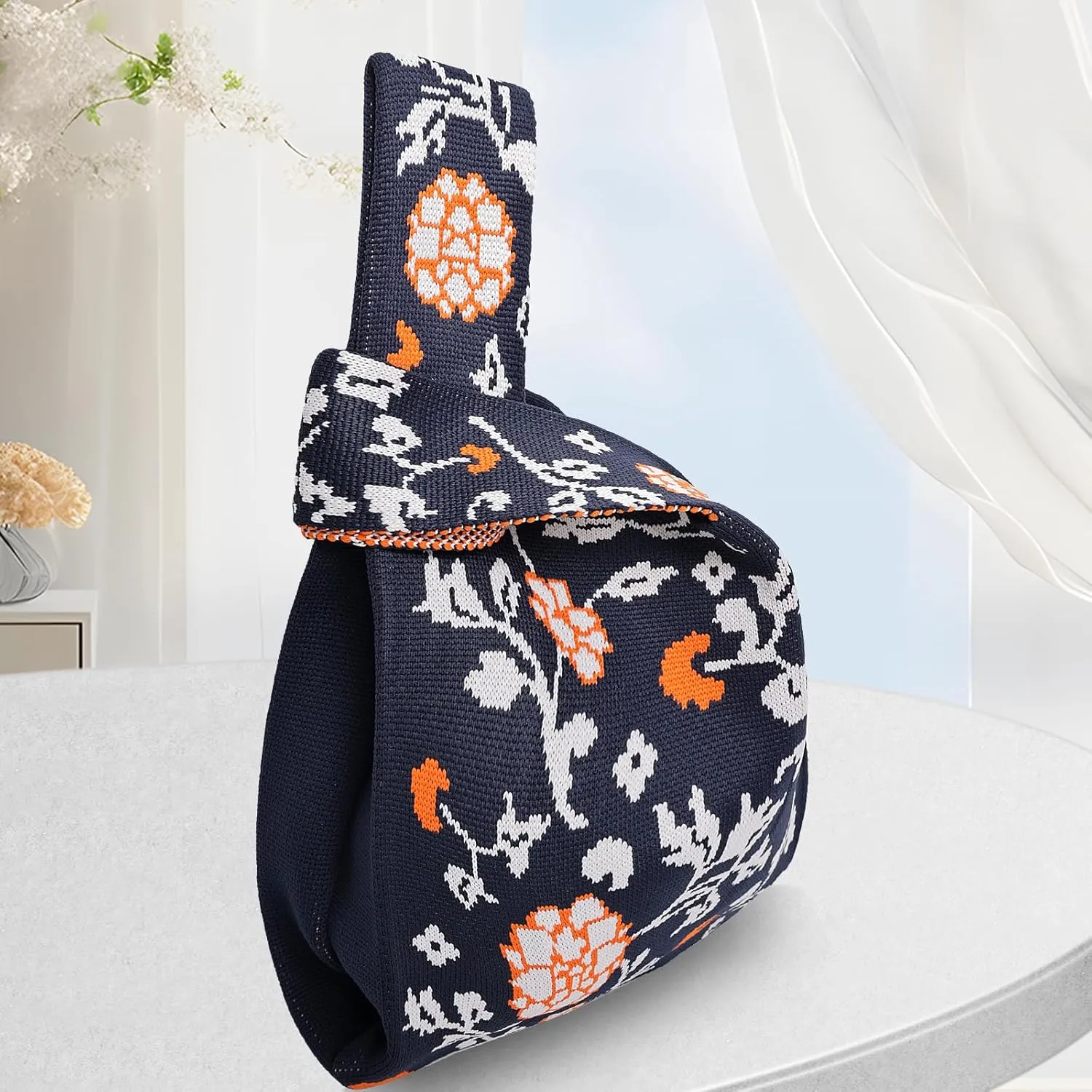 Small Crochet Knit Tote Wrist Bag, Portable Knot Sleeve Handle Bag Cute Wristlet Pouch Purse for Women