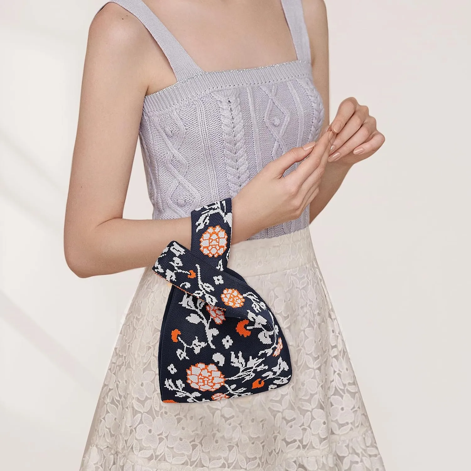 Small Crochet Knit Tote Wrist Bag, Portable Knot Sleeve Handle Bag Cute Wristlet Pouch Purse for Women