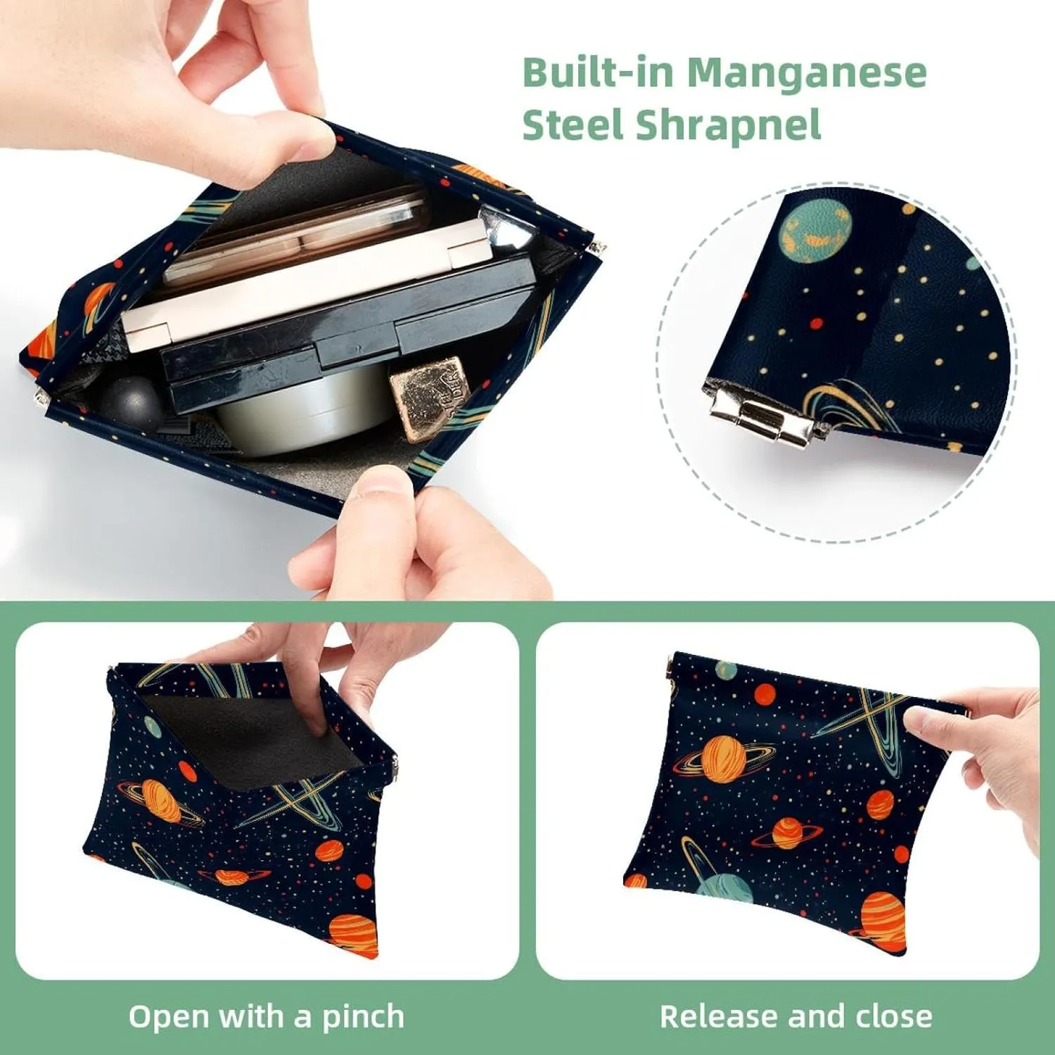 Small Pocket Cosmetic Bag, Squeeze Top Travel Makeup Bag for Purse, No Zipper Self-Closing Mini Makeup Pouch for Women Girls, Cartoon Cosmos Planets Comets Night Sky Galaxy Pattern