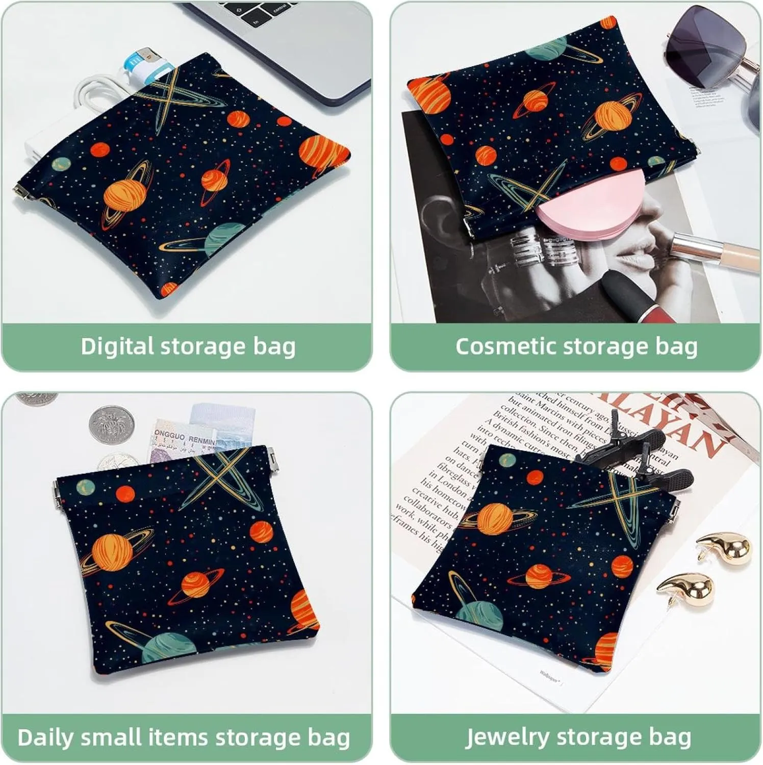 Small Pocket Cosmetic Bag, Squeeze Top Travel Makeup Bag for Purse, No Zipper Self-Closing Mini Makeup Pouch for Women Girls, Cartoon Cosmos Planets Comets Night Sky Galaxy Pattern