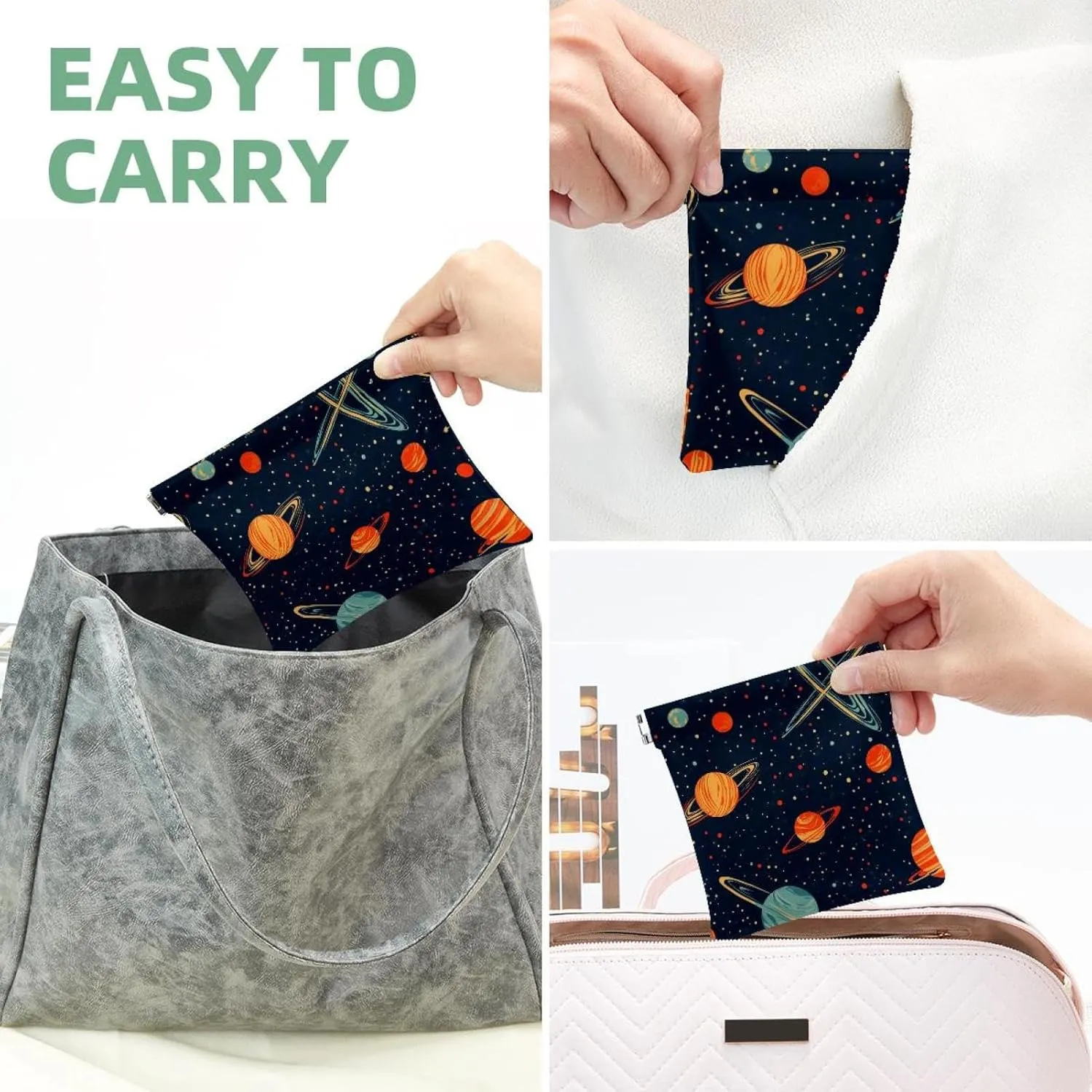Small Pocket Cosmetic Bag, Squeeze Top Travel Makeup Bag for Purse, No Zipper Self-Closing Mini Makeup Pouch for Women Girls, Cartoon Cosmos Planets Comets Night Sky Galaxy Pattern