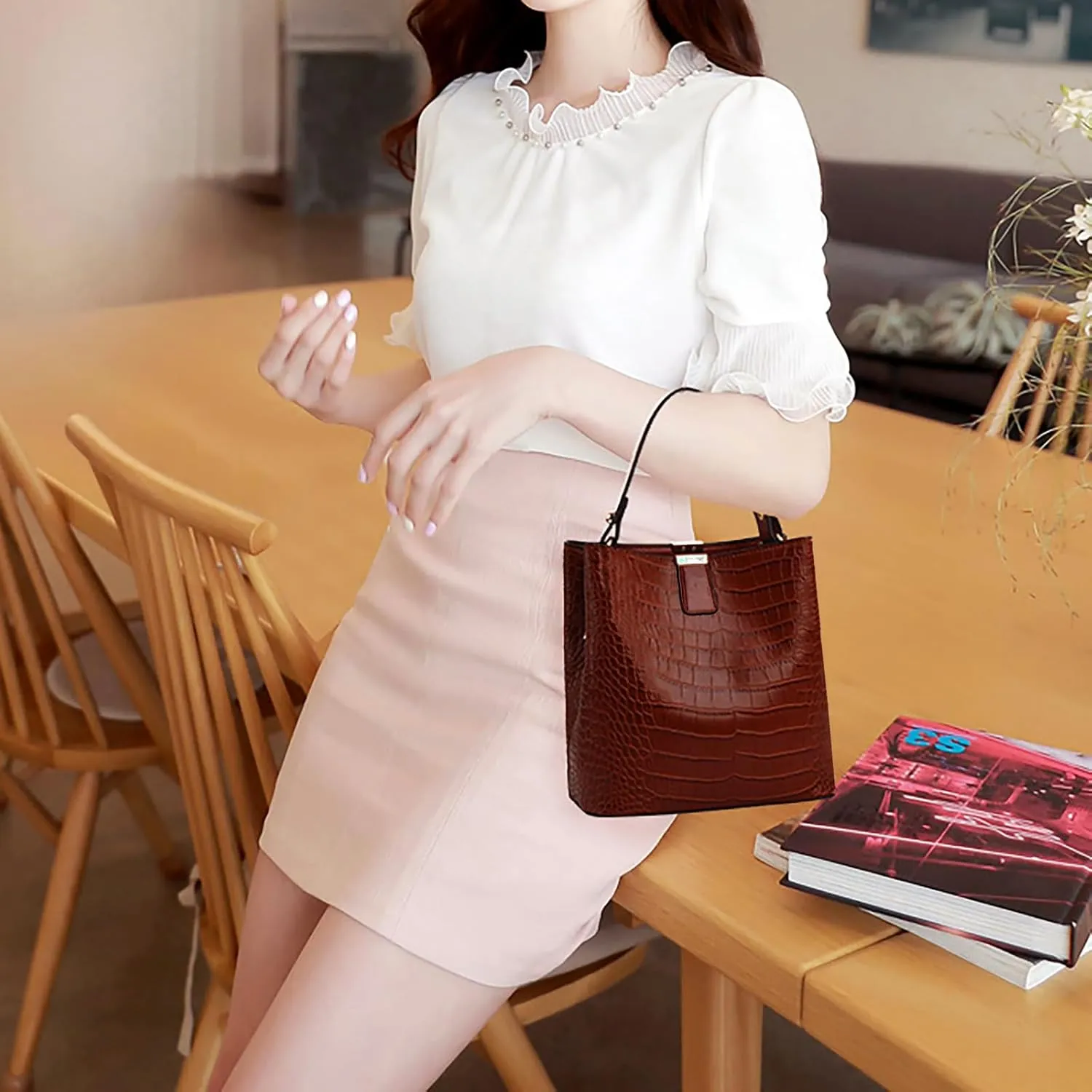 Small Square Crocodile Pattern Purses with Crossbody Strap Bucket Bags for Women with Top Handle