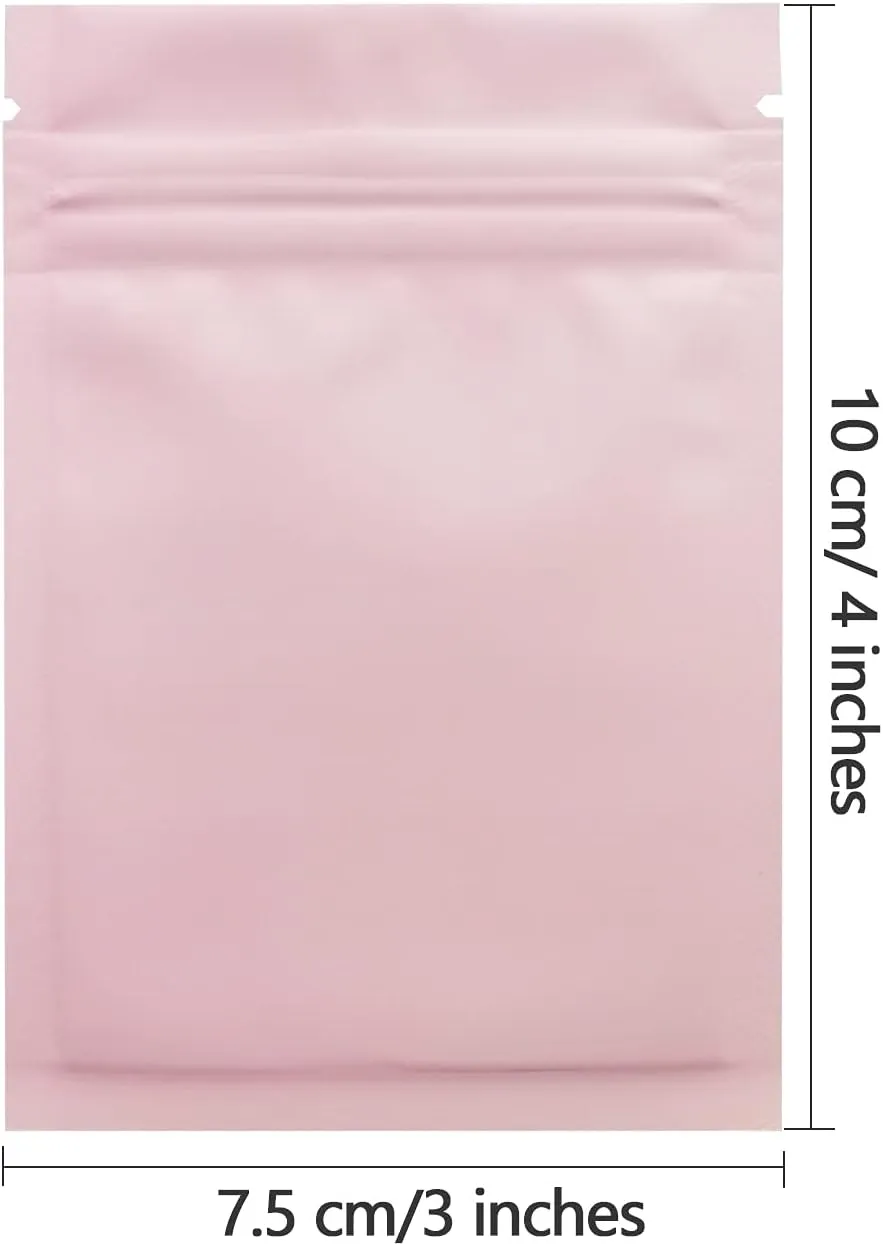 Smell Proof Bags 100 Pack 3 x 4 Inch Resealable Mylar Bags Foil Pouch Flat Bag with Clear Window Pink