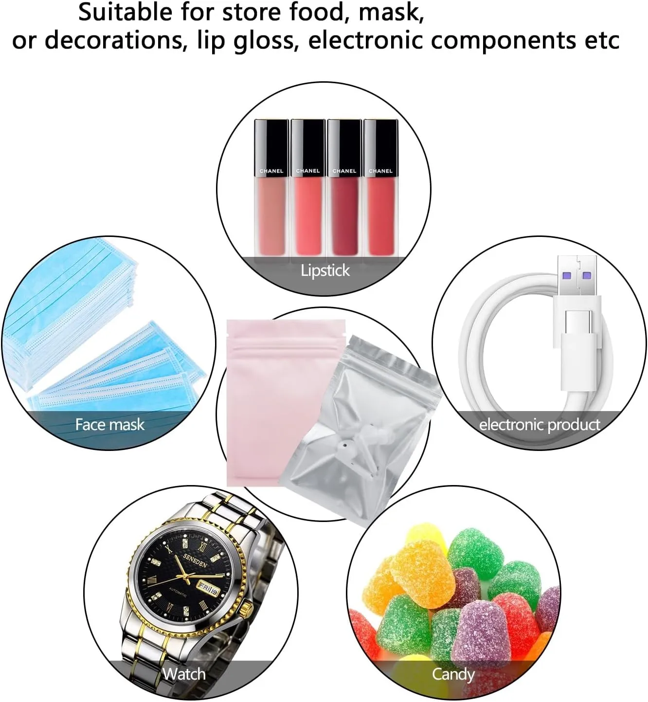 Smell Proof Bags 100 Pack 3 x 4 Inch Resealable Mylar Bags Foil Pouch Flat Bag with Clear Window Pink