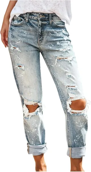 SMIDOW Womens Dressy Casual Bootcut Jeans Folded Hem Ripped Jeans with Multiple Pockets Distressed Jeans Y2K Denim Pants