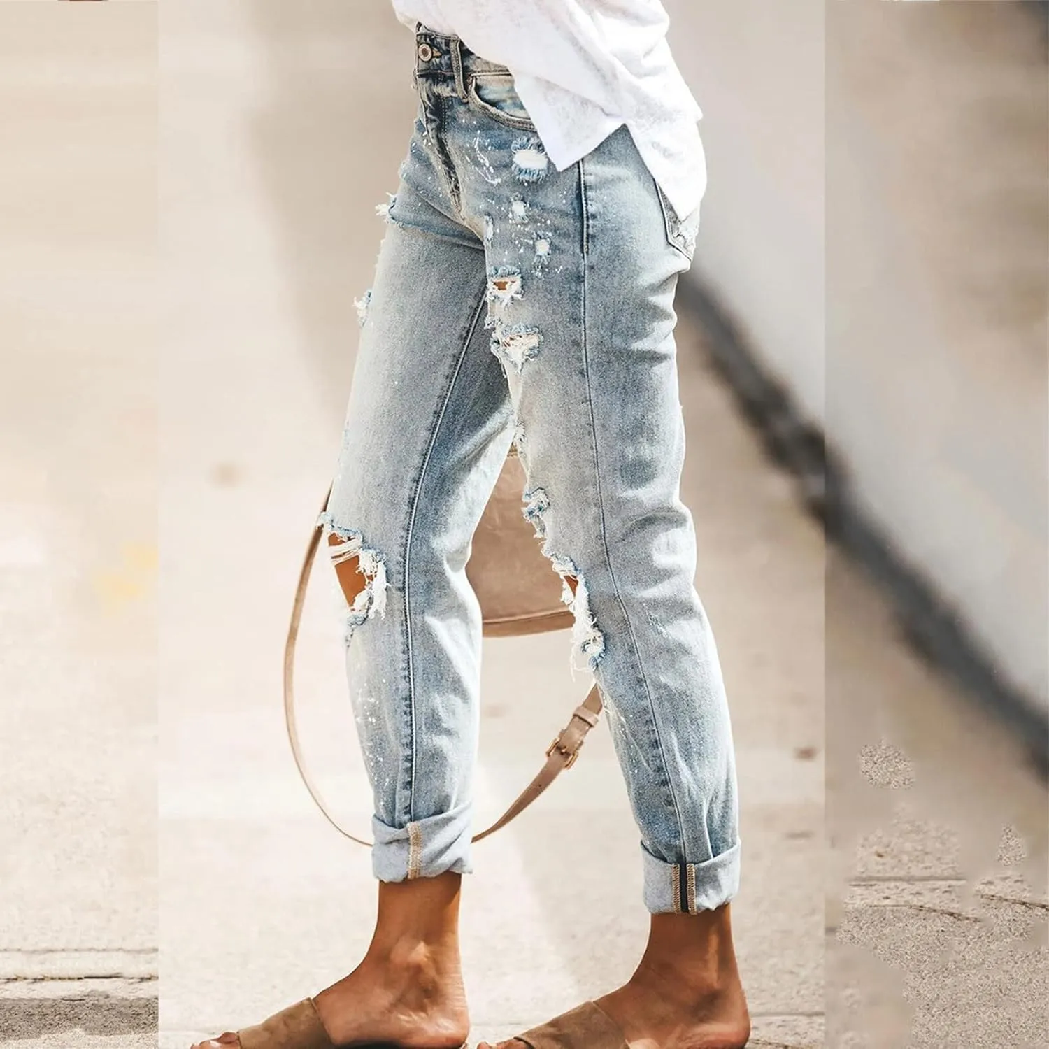 SMIDOW Womens Dressy Casual Bootcut Jeans Folded Hem Ripped Jeans with Multiple Pockets Distressed Jeans Y2K Denim Pants