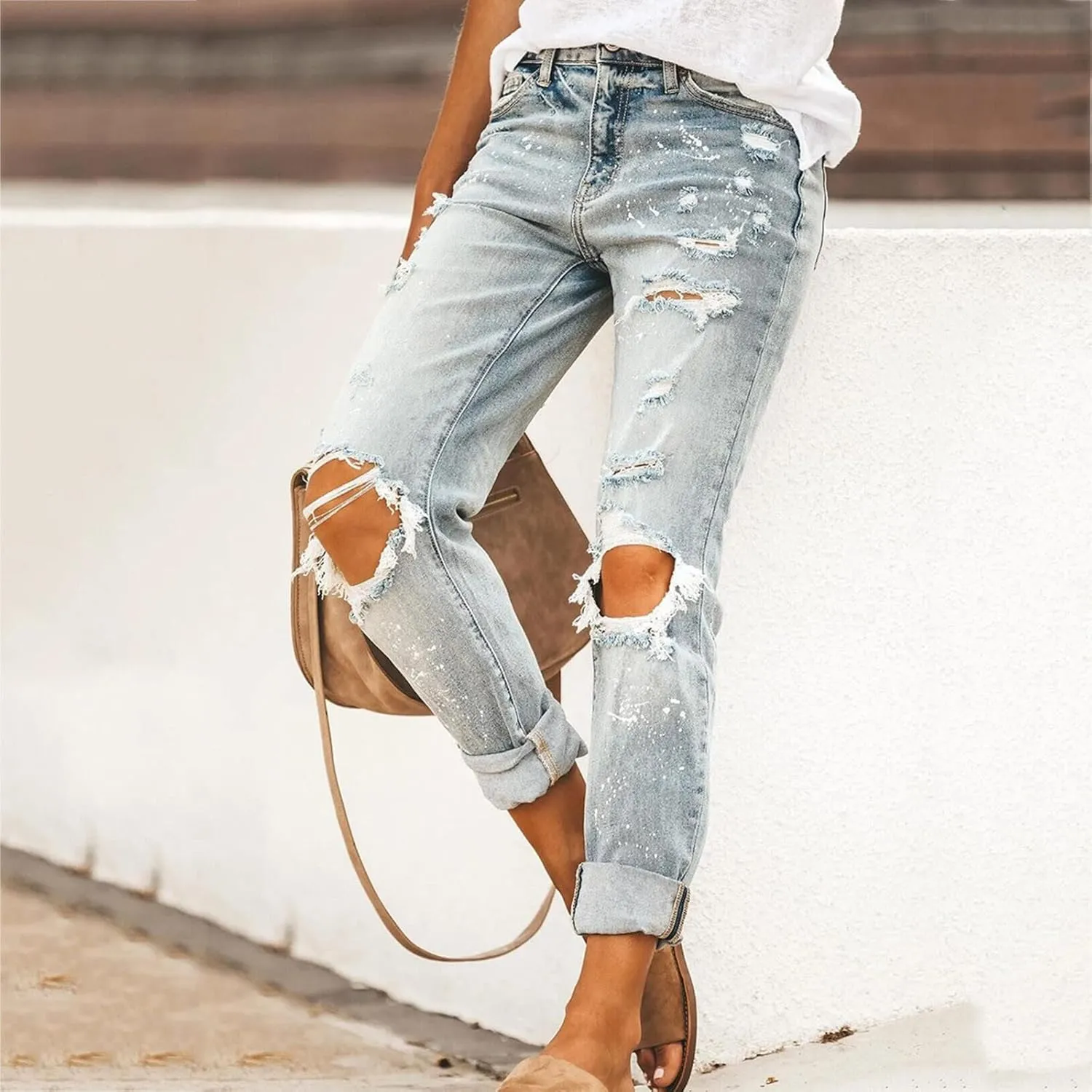 SMIDOW Womens Dressy Casual Bootcut Jeans Folded Hem Ripped Jeans with Multiple Pockets Distressed Jeans Y2K Denim Pants