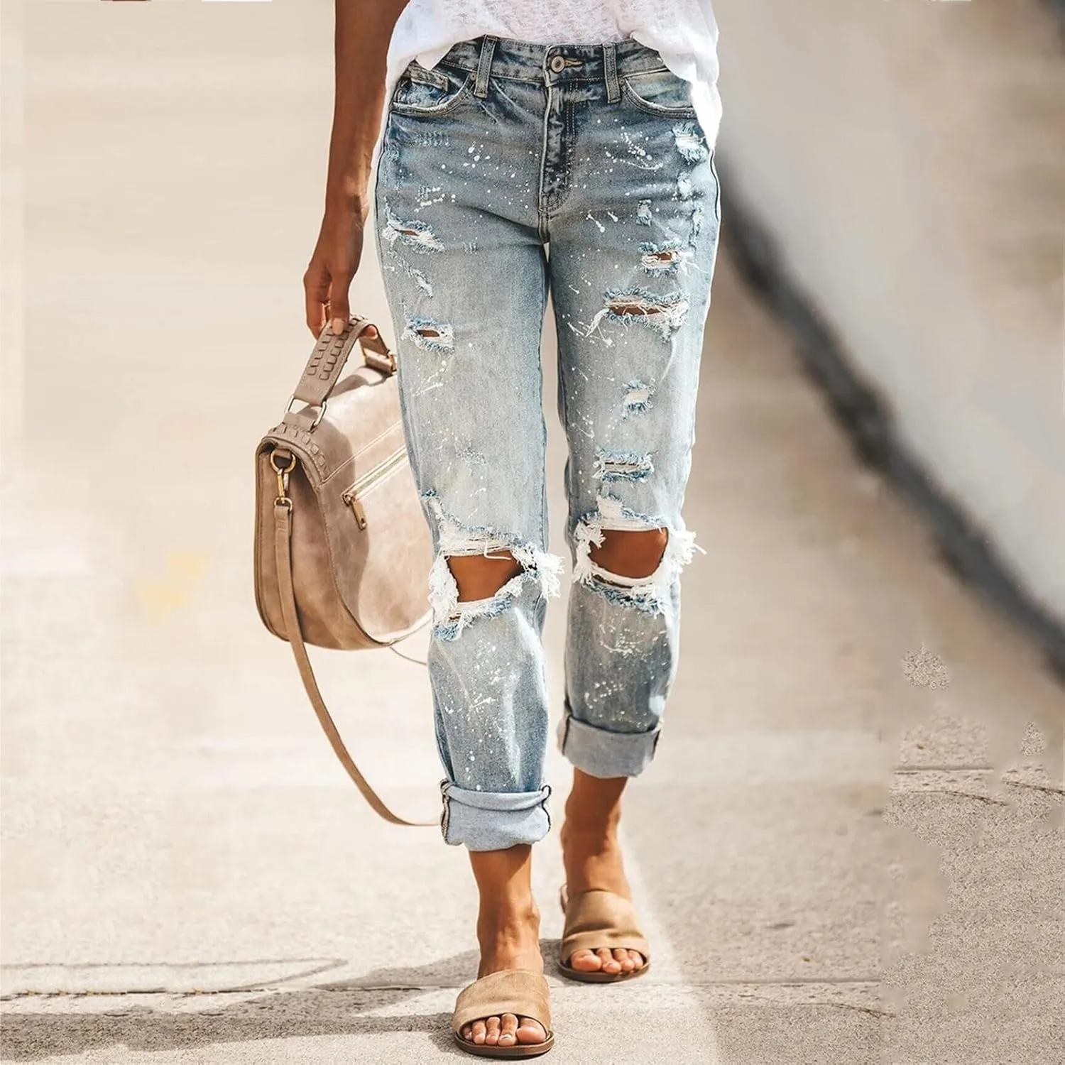 SMIDOW Womens Dressy Casual Bootcut Jeans Folded Hem Ripped Jeans with Multiple Pockets Distressed Jeans Y2K Denim Pants