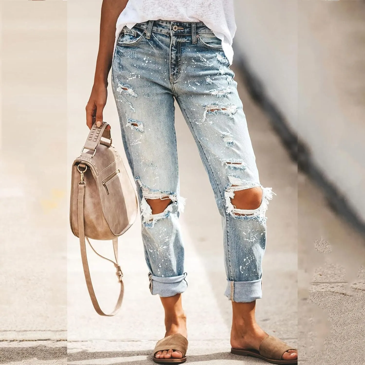 SMIDOW Womens Dressy Casual Bootcut Jeans Folded Hem Ripped Jeans with Multiple Pockets Distressed Jeans Y2K Denim Pants