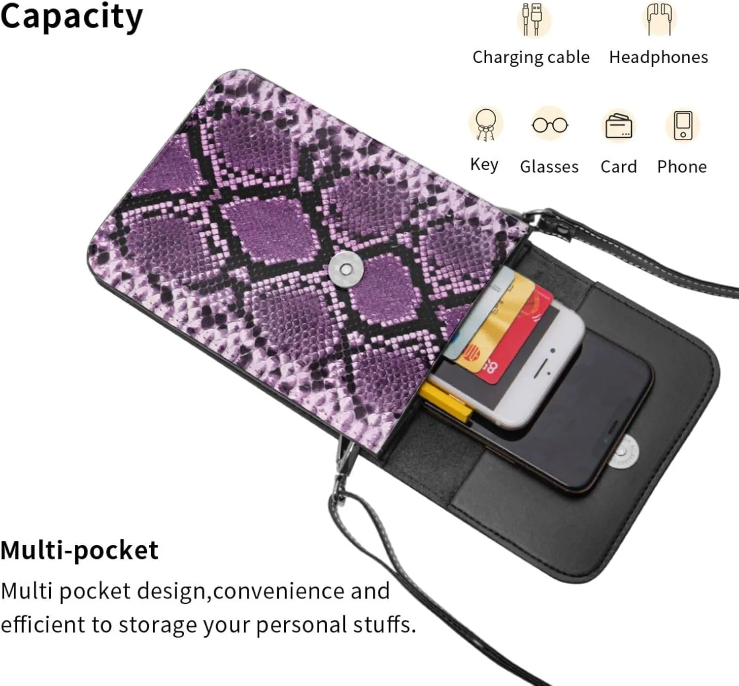 Snake Skin Python Pattern Woman Crossbody Bags Leather One Shoulder Handbags Wallet Adjustable Strap Cell Phone Purse