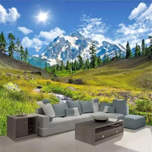 Snow Mountain Plateau Natural Scenery 3D Photo Wallpaper, Green Grassland Plants Mural Wallpaper, Wall Decal Stickers Dry Without Bubbles for Laundry Rooms（118"W x 82.7"H）