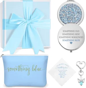 Something Blue Wedding Gift Set - Embroidered Handkerchief Angel Bouquet Charm Bridal Cosmetic Bag with Diamond Compact Mirror and Raffia Gift Box
