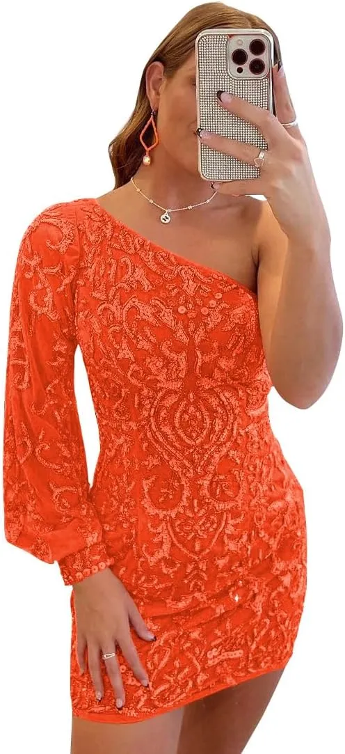 Sparkly Sequin Lace Homecoming Dresses for Teens Puffy Sleeve One Shoulder Mini Prom Cocktail Gown