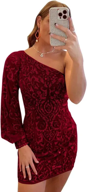 Sparkly Sequin Lace Homecoming Dresses for Teens Puffy Sleeve One Shoulder Mini Prom Cocktail Gown